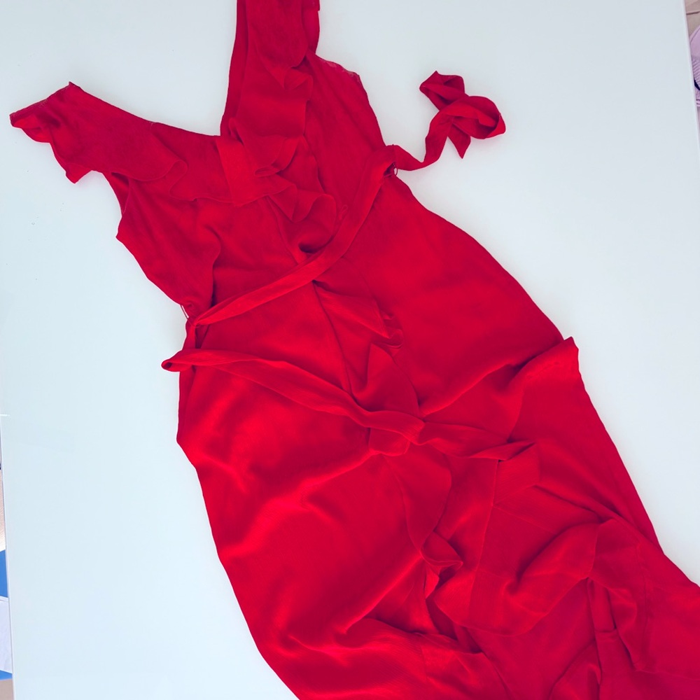 Red Ruffle Wrap Midi Dress - Women